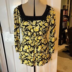 Black and Yellow Bead Embellished Blouse with back tie (polyester/spandex)